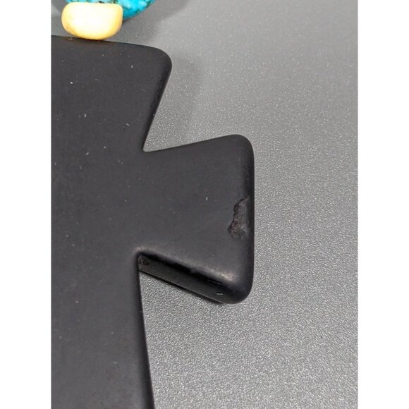 Beachy Coastal Blue Stone Faux Turquoise Black Cross Necklace Bold 20 in - Picture 10 of 12